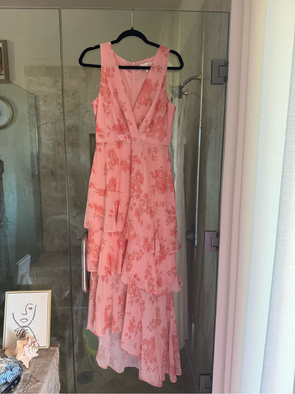 Wayf Pink Floral High-Low Tiered V-Neck Dress